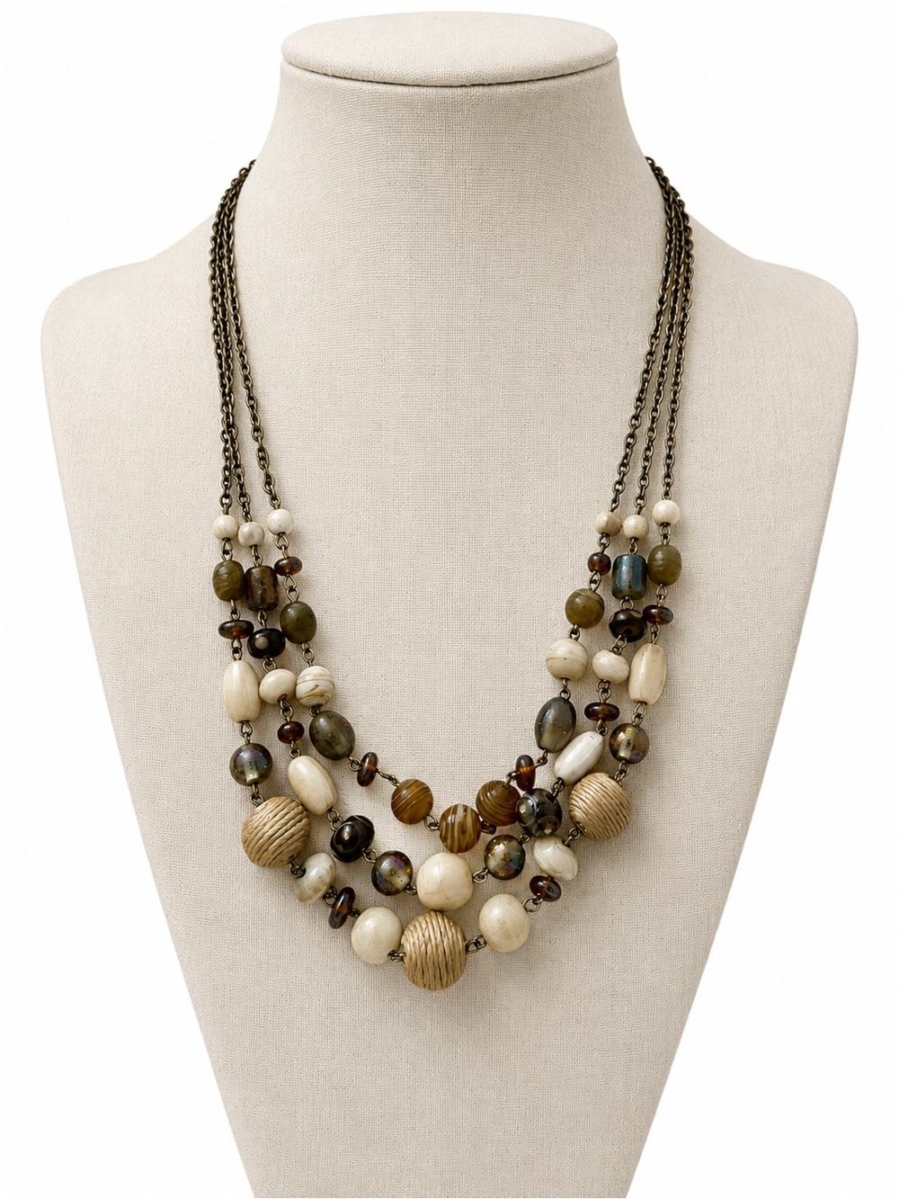 Multi-Strand Beaded Statement Necklace Cream & Olive NWOT